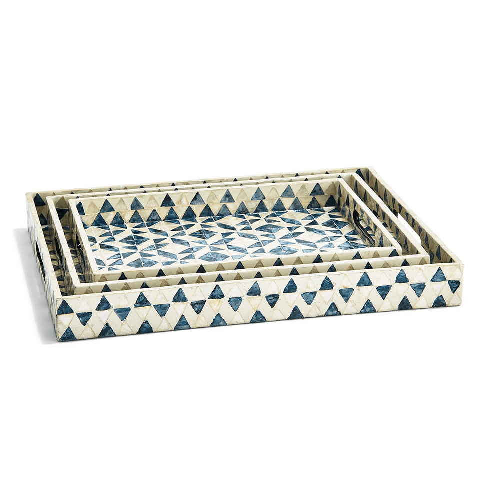 Blue & White Mother of Pearl Gallery Tray Amanda Reynal Interiors