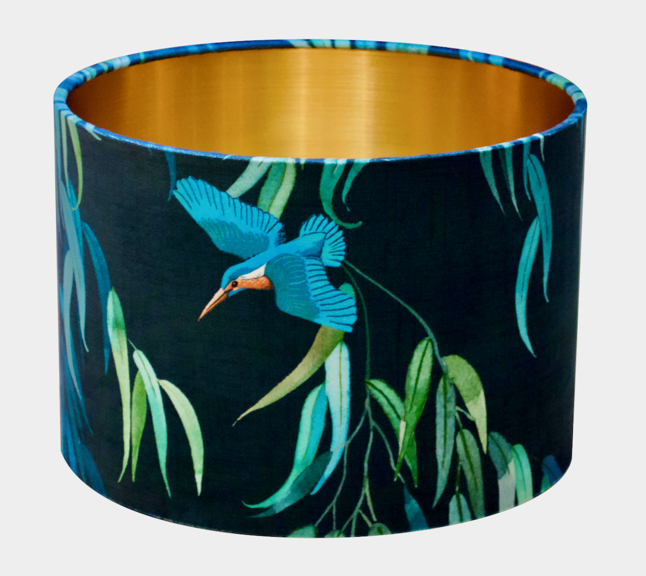 Kingfisher Peacock Velvet lampshade with Brushed Gold Lining