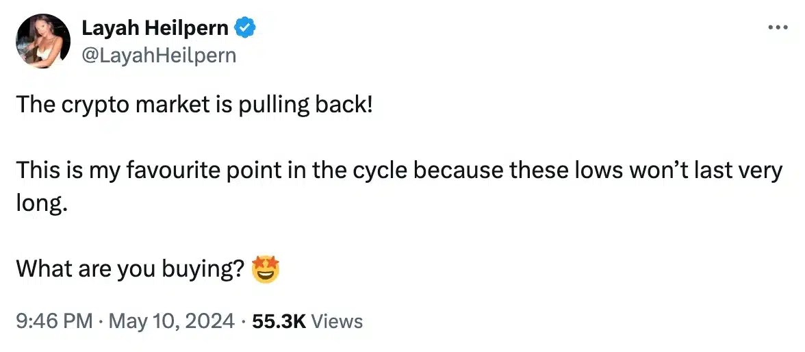 Le tweet de Layah sur le cycle actuel du marché