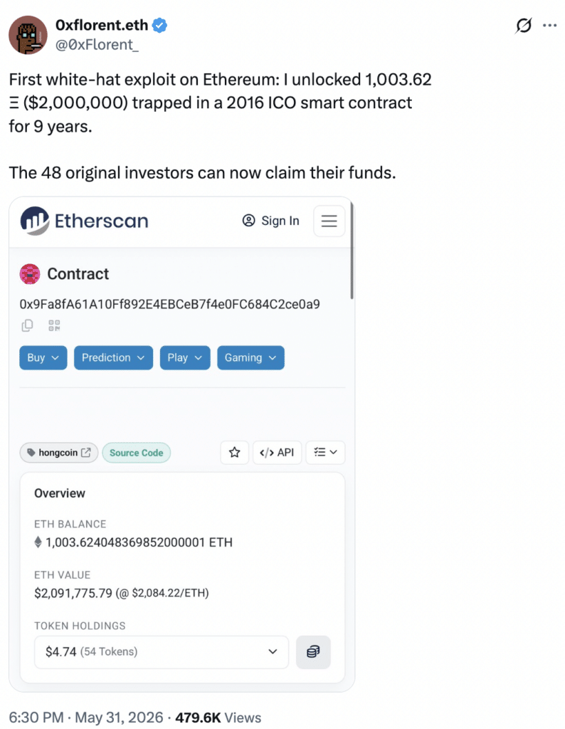 1 003,62 ETH récupérés après 9 ans – Comment un chercheur en sécurité Whitehat a-t-il fait ? 1 003,62 ETH récupérés après 9 ans – Comment un chercheur en sécurité Whitehat a-t-il fait ?