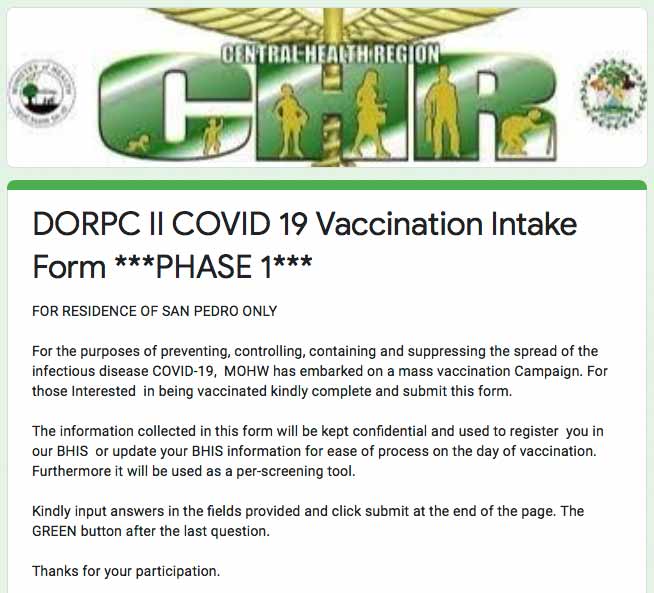 COVID19 Vaccine Signup Information for San Pedro Ambergris Caye