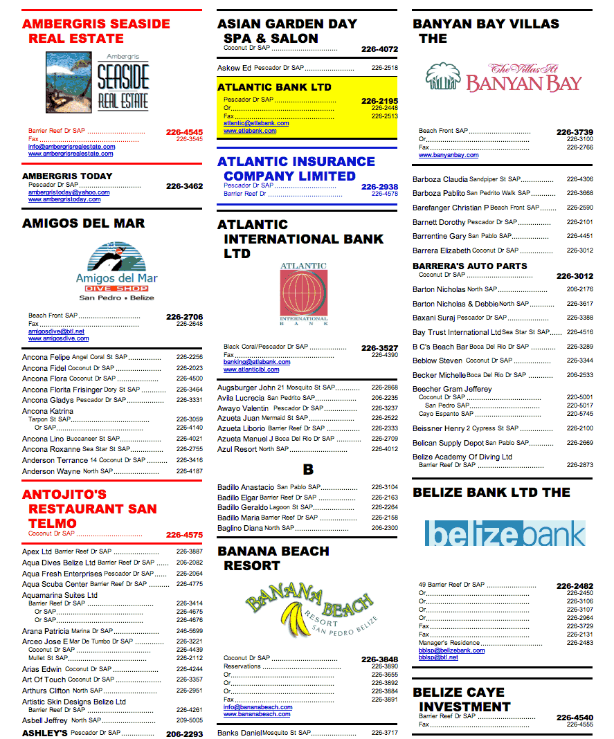 San Pedro Belize Telephone Book and EMail Addresses, Ambergris Caye