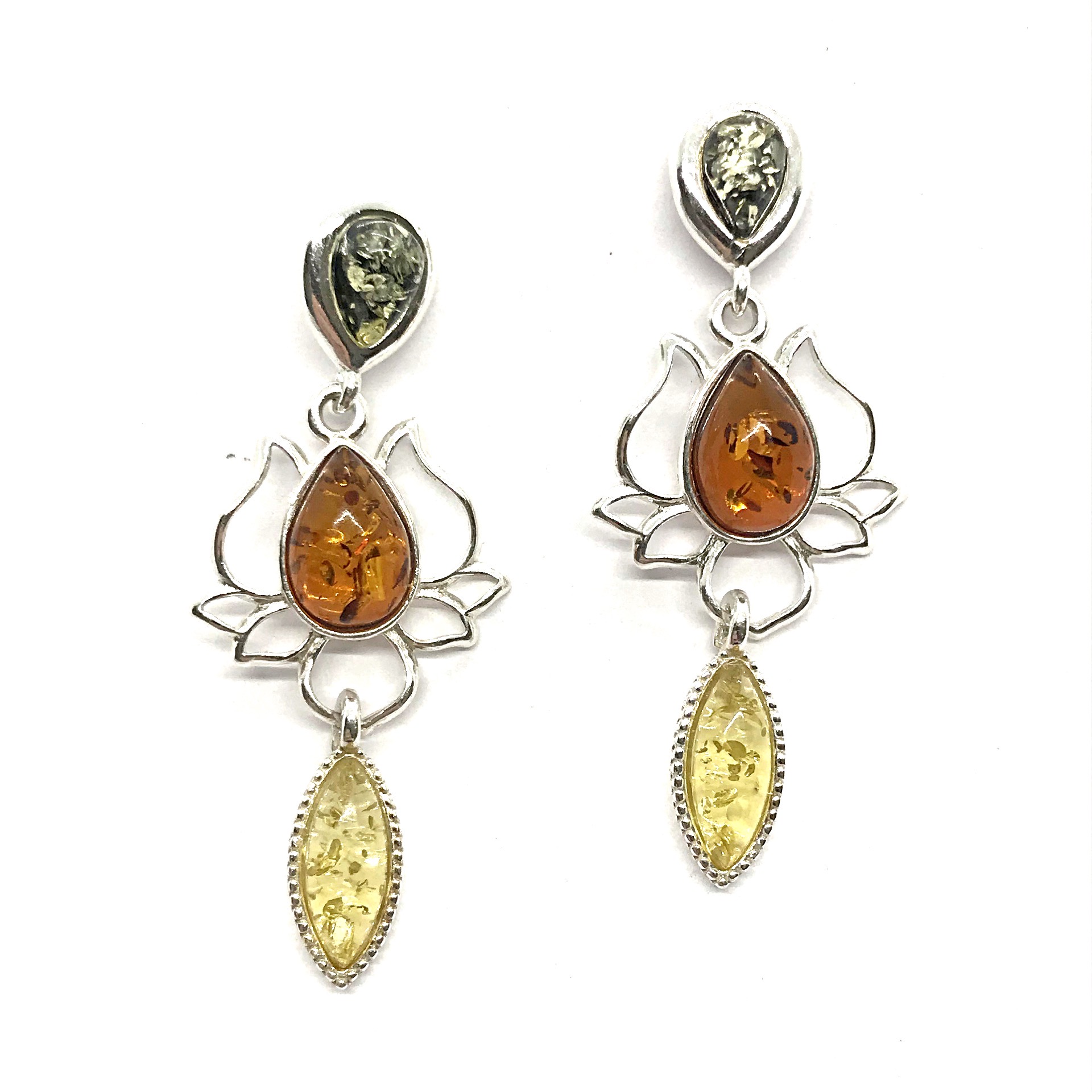 "Lotus" Multicolor Amber Post Dangle Earrings Amberman