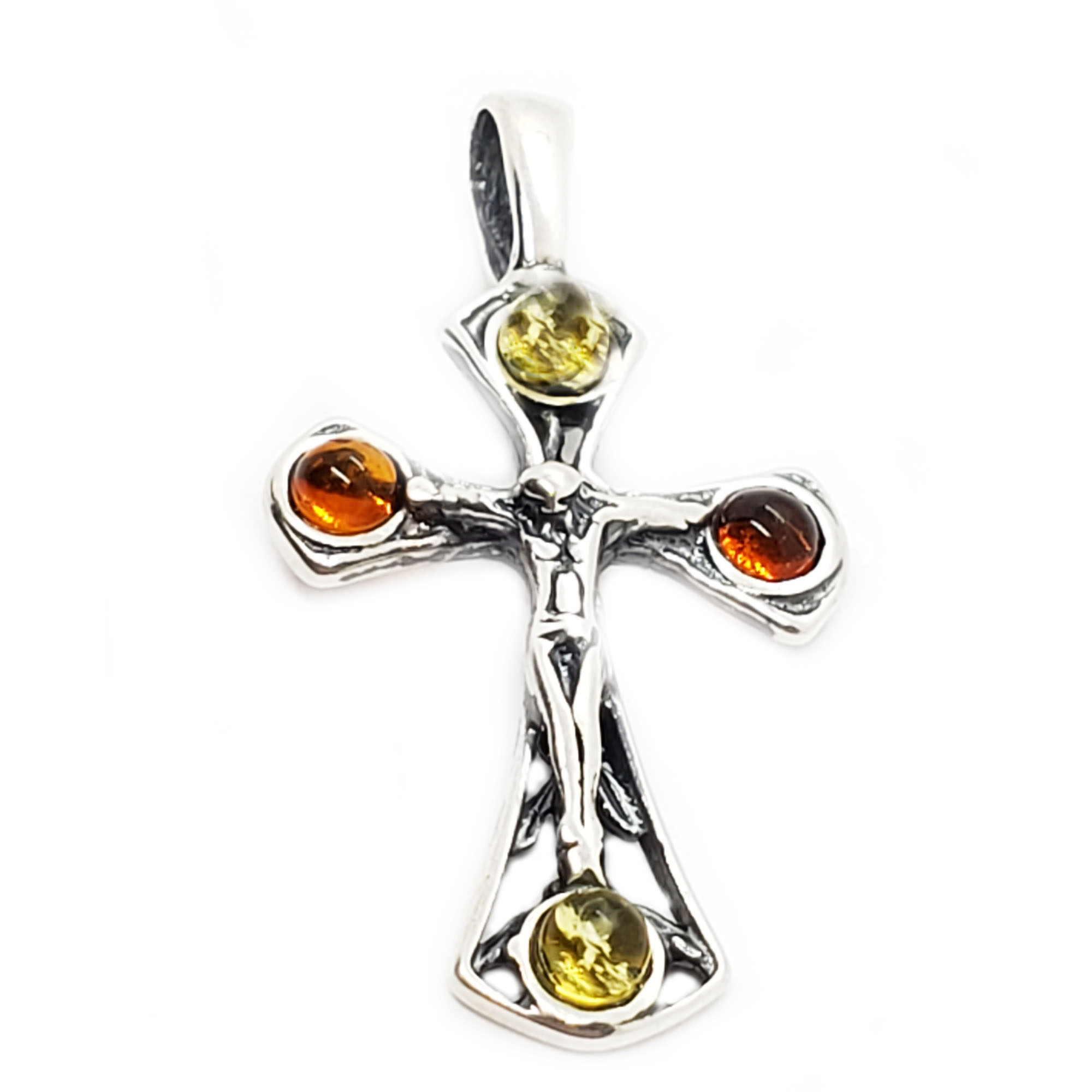 Multicolor Amber Oxidized Silver Cross/Crucifix Pendant Amberman