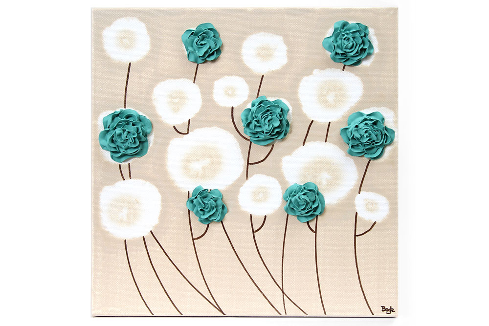 Rose Canvas Wall Art Textured Painting Teal and Khaki Small Amborela