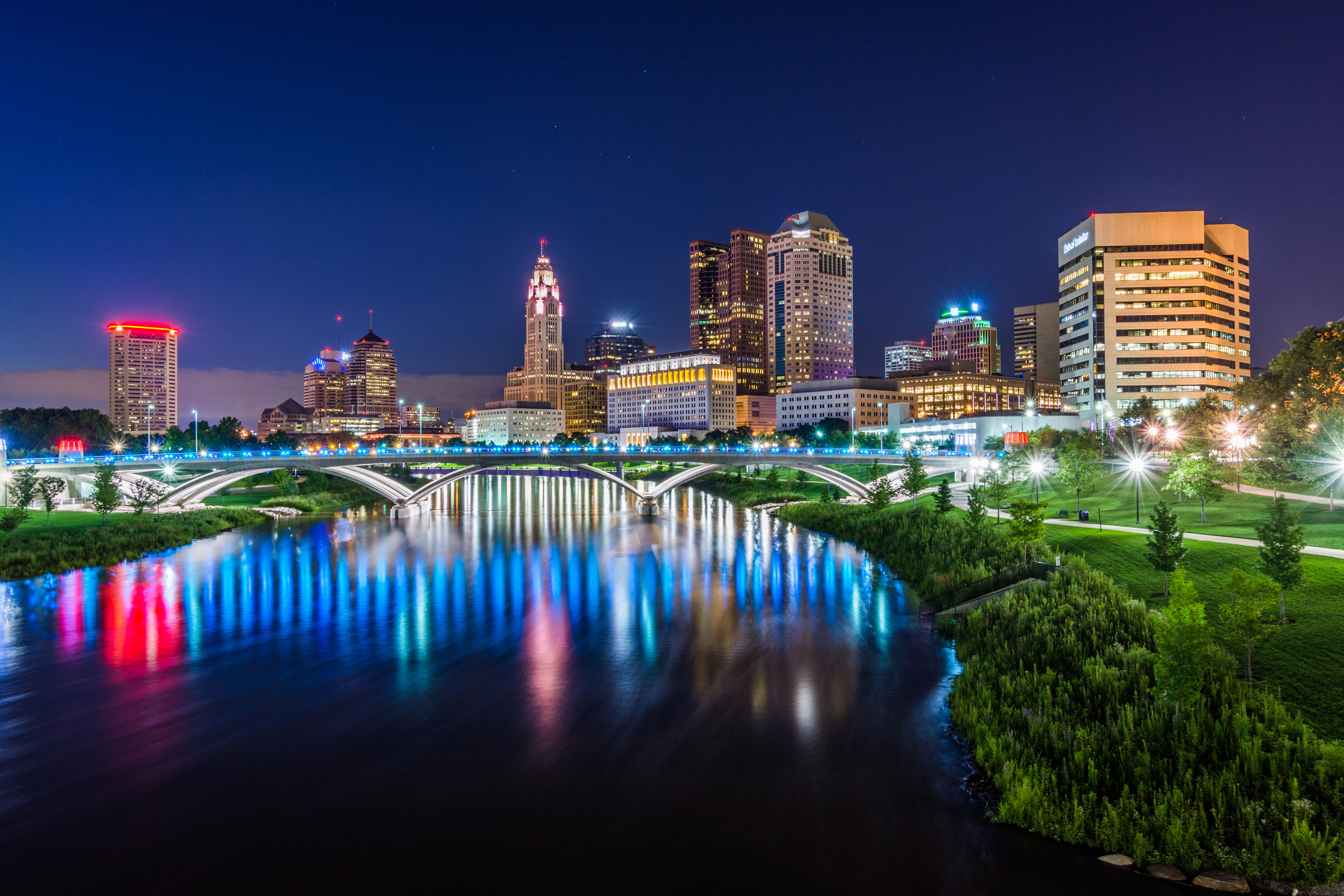 Skyline of Columbus, Ohio from Bicentennial Park bridge at