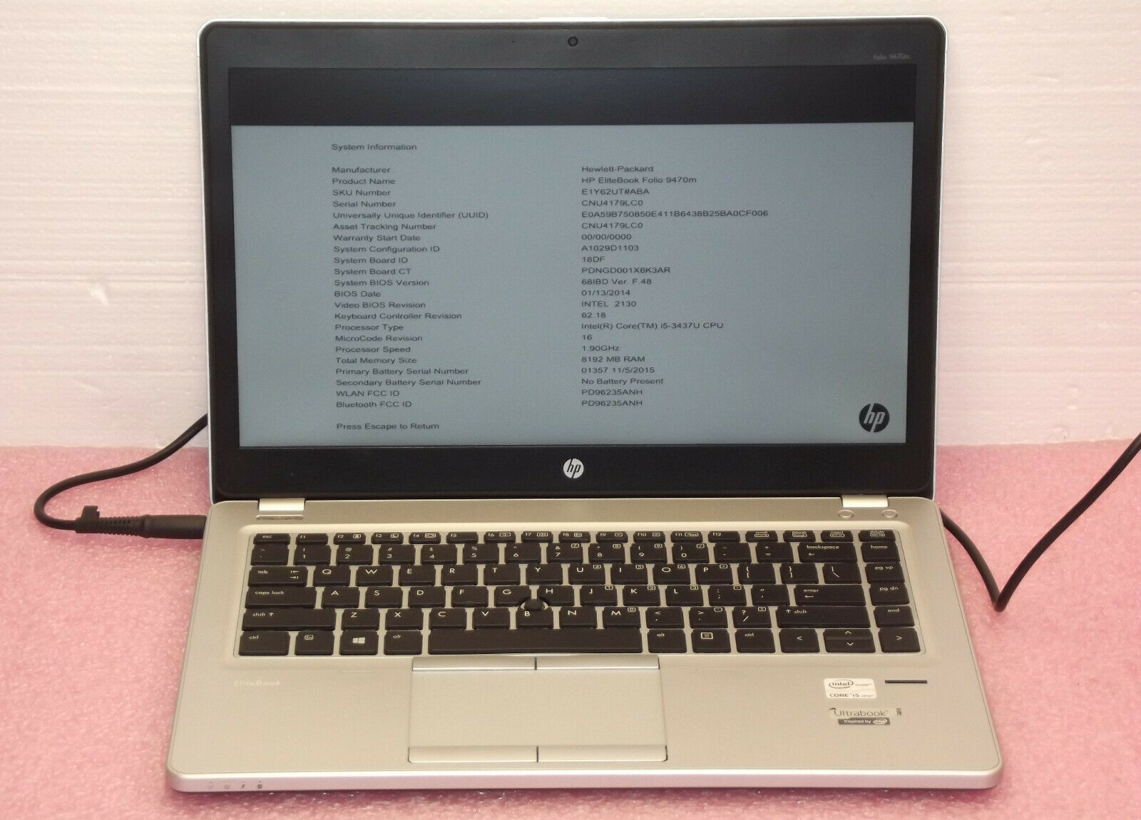 HP Elitebook Folio 9470m Laptop, i53437U 1.90GHz CPU, 4GB RAM, 500GB