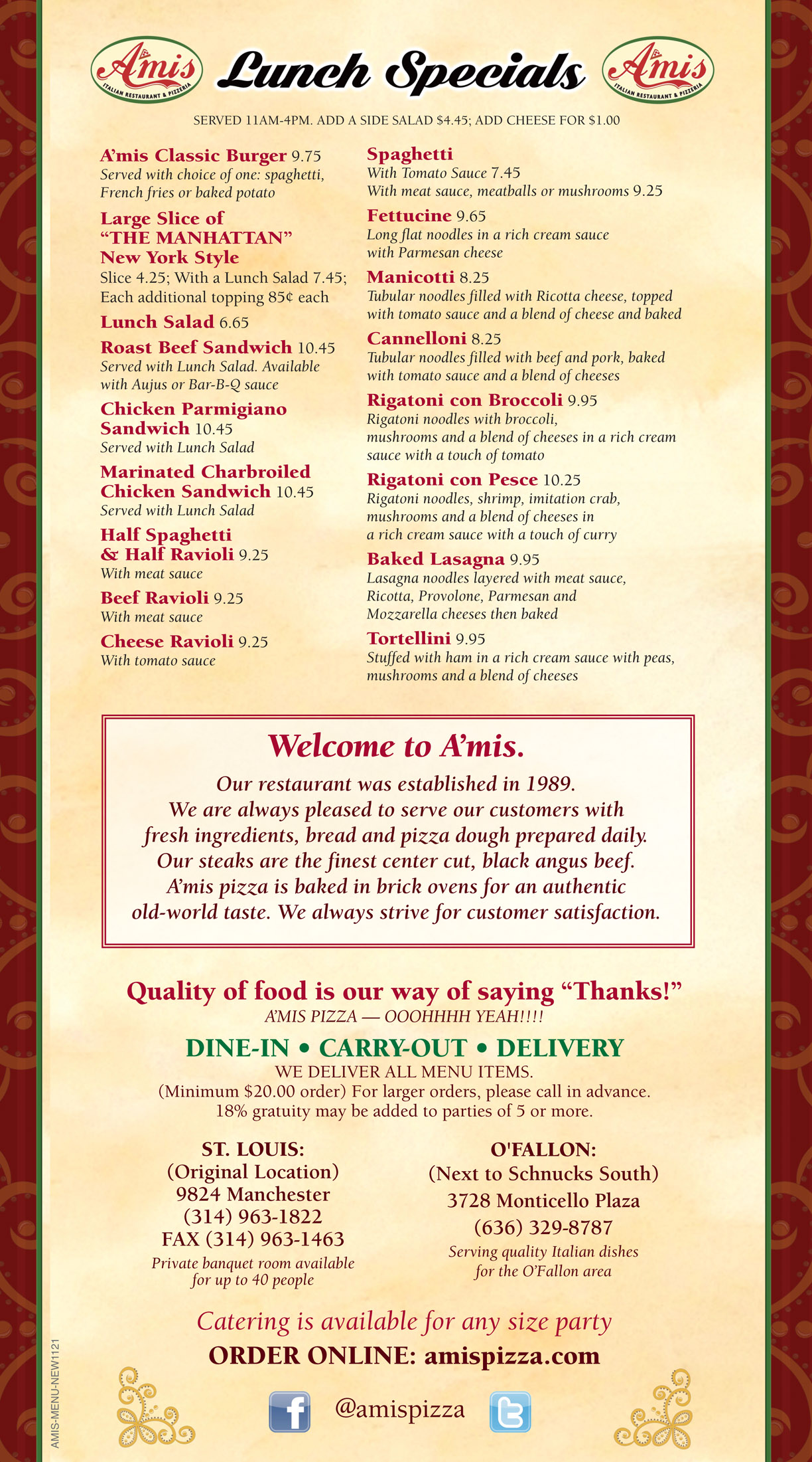 Menu A'MIS ITALIAN RESTAURANT and PIZZERIA MENU / Rock Hill (ster