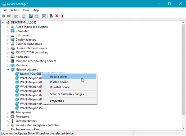 Windows 10 Reset Local Area Connection Adaptor Message shows.
