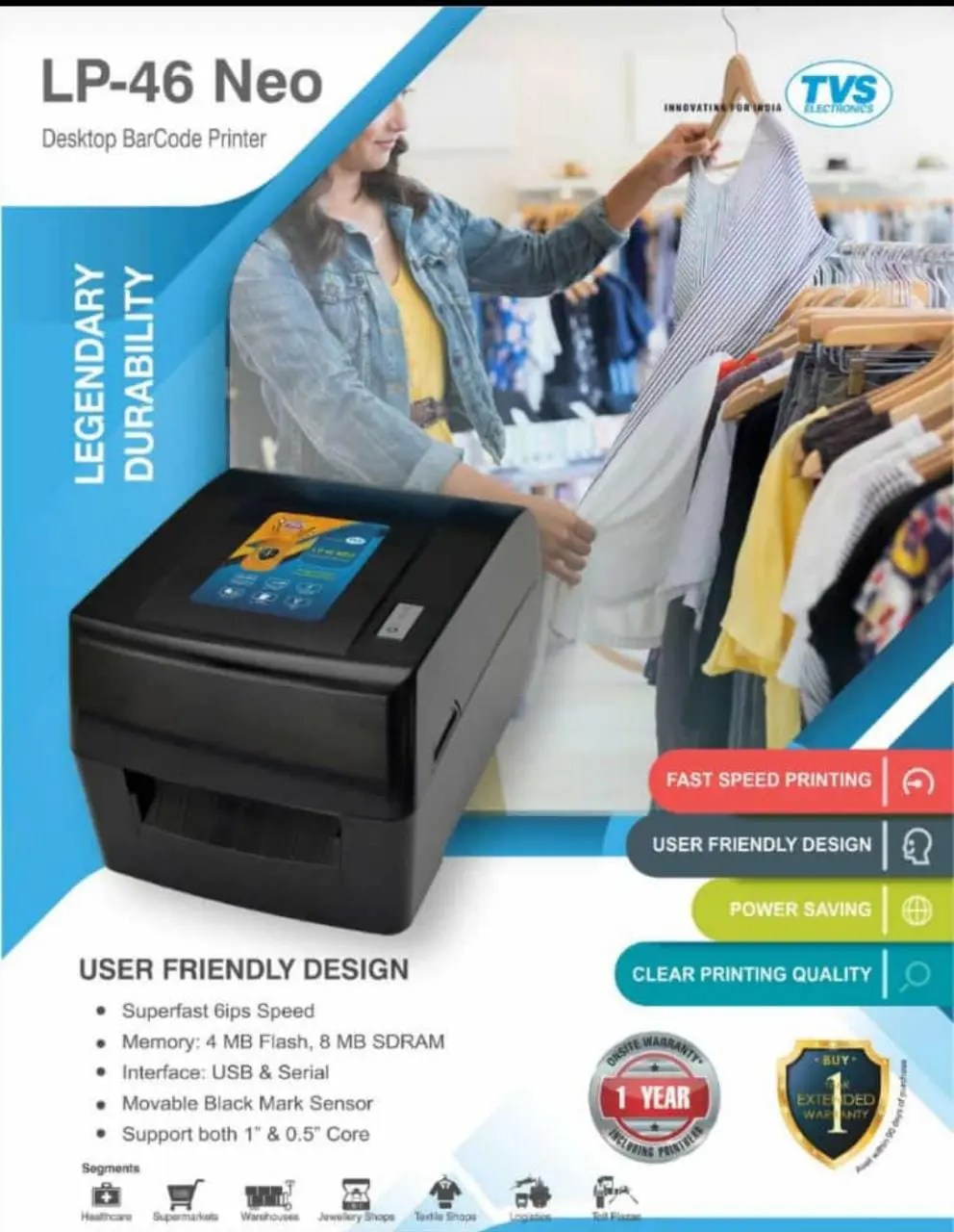 LP 46 TVS Printer Thermal Label Printer TVS Barcode Printer LP 45