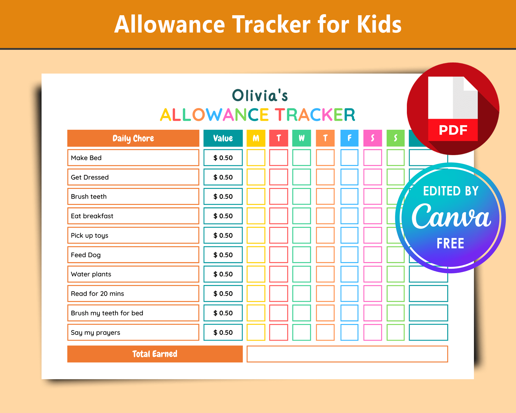 Allowance Tracker for Kids (Editable Template + Printable PDF) | Amwa