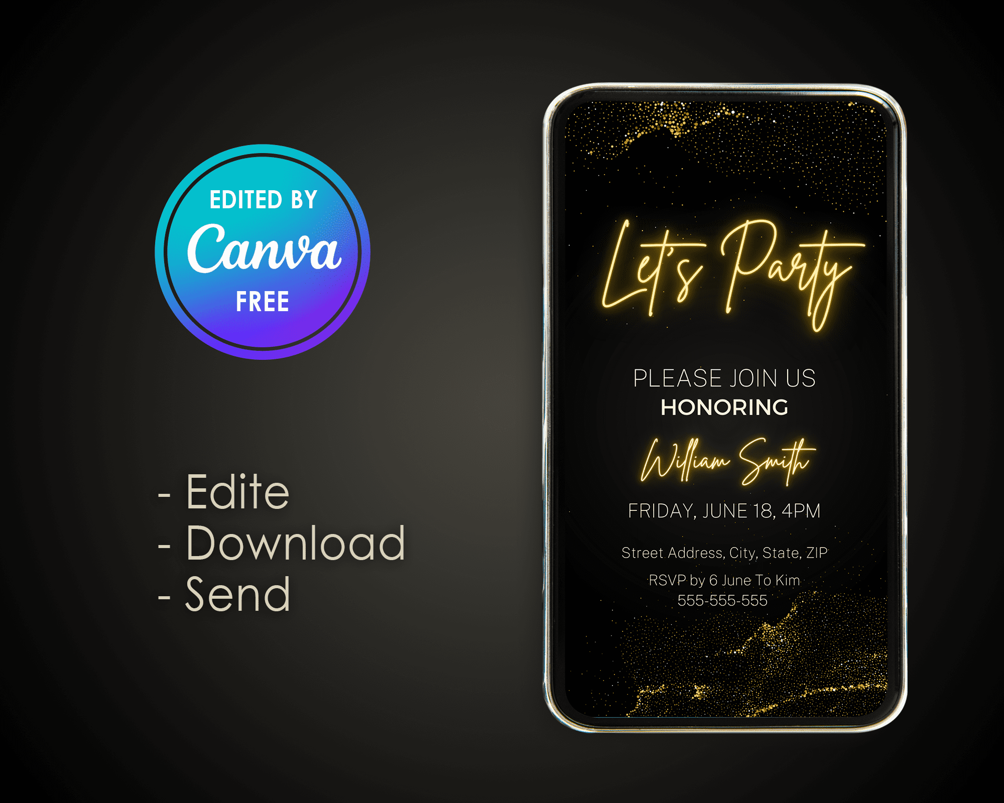 Let's Party Invitation Digital Black Gold Template Amwa Templates