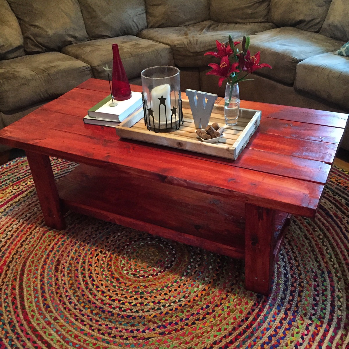 Rustic coffee table with a cranberry stain Ana White
