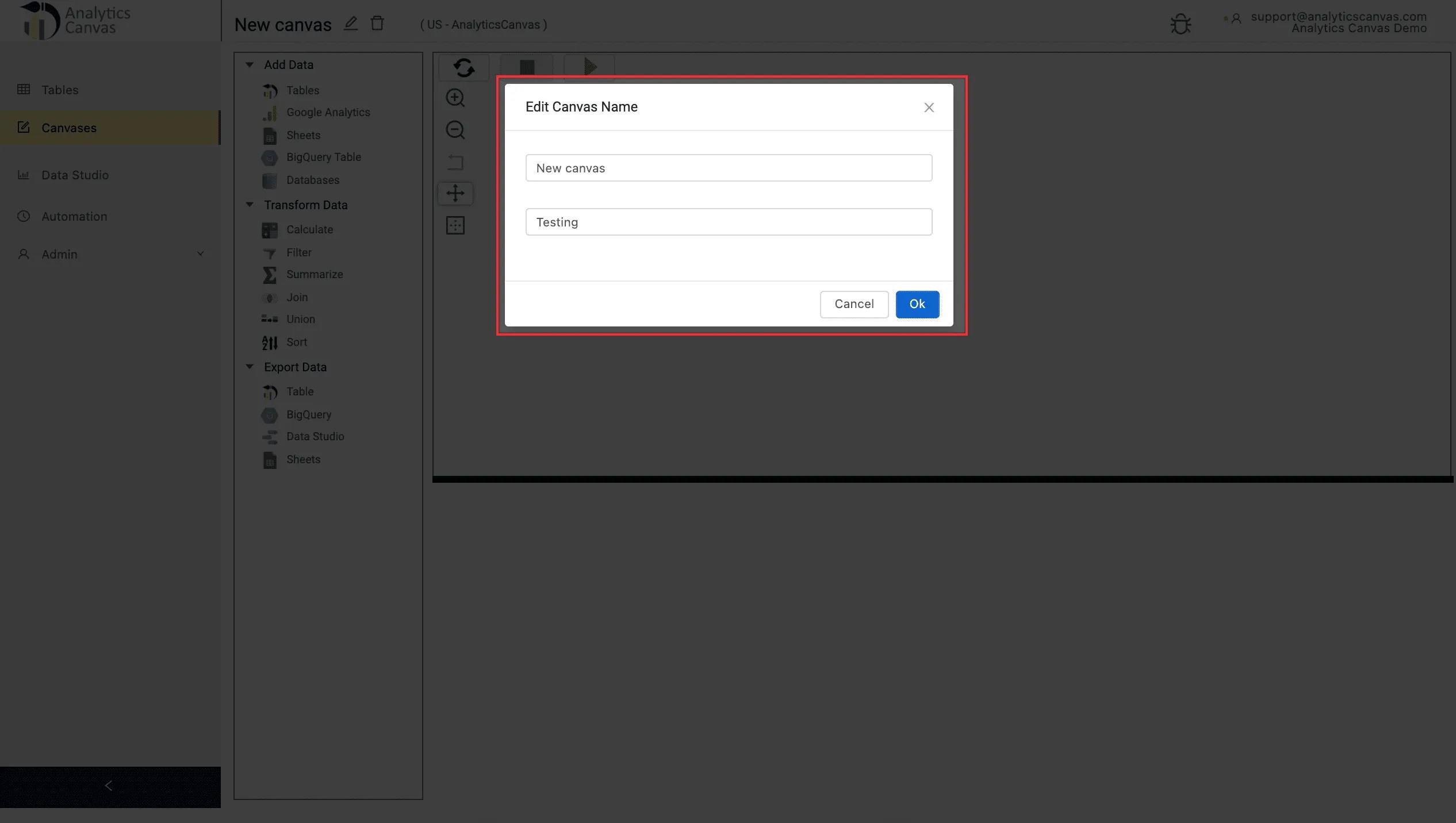 Introduction to a Canvas (UI Overview) Analytics Canvas