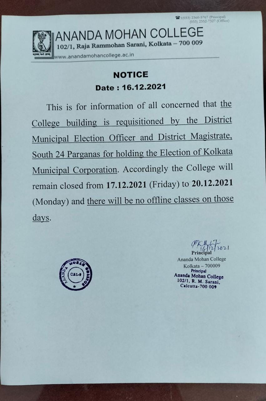College will remain closed on account of Municipal Election Ananda