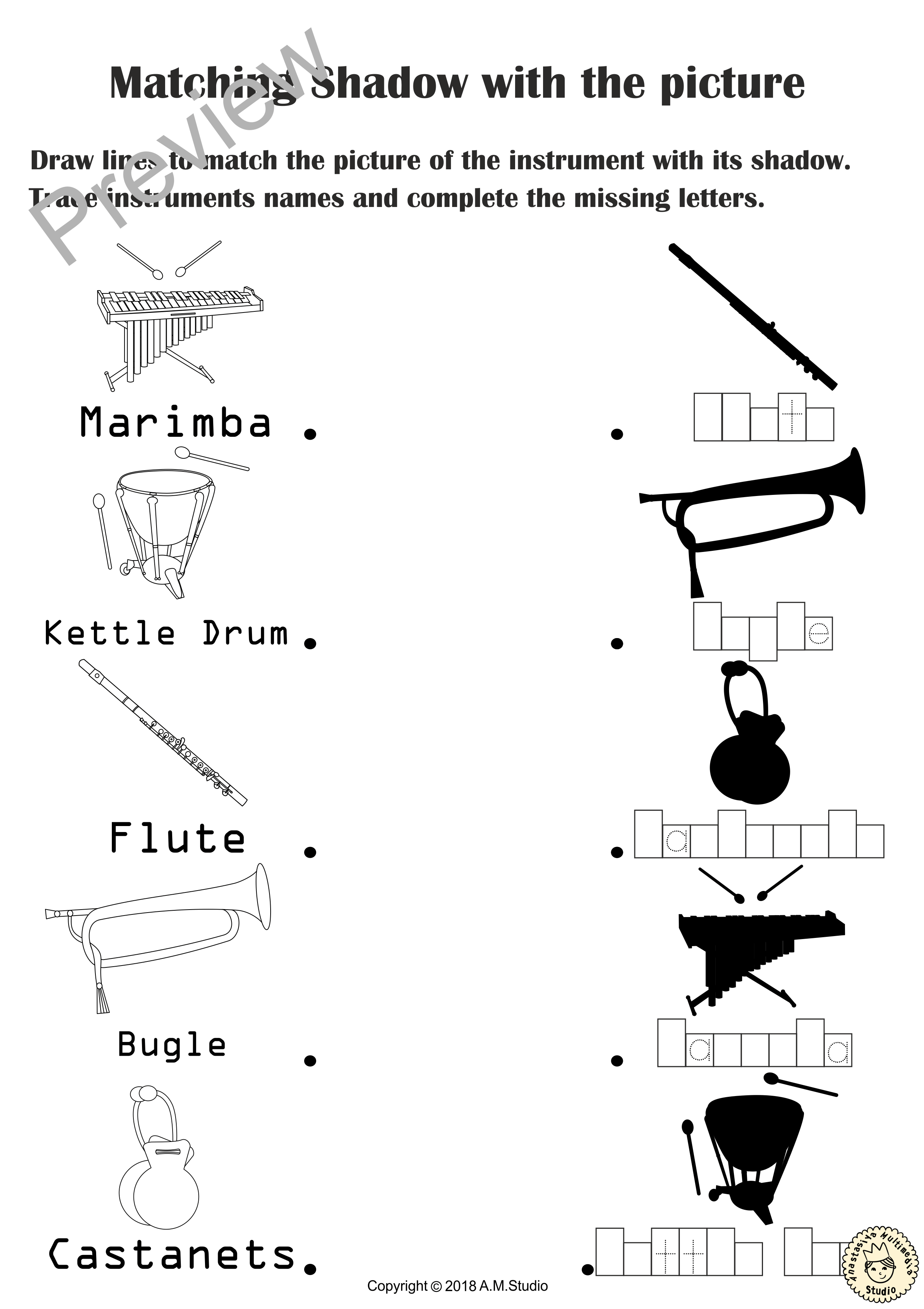 Musical Instruments Shadow Matching Worksheets