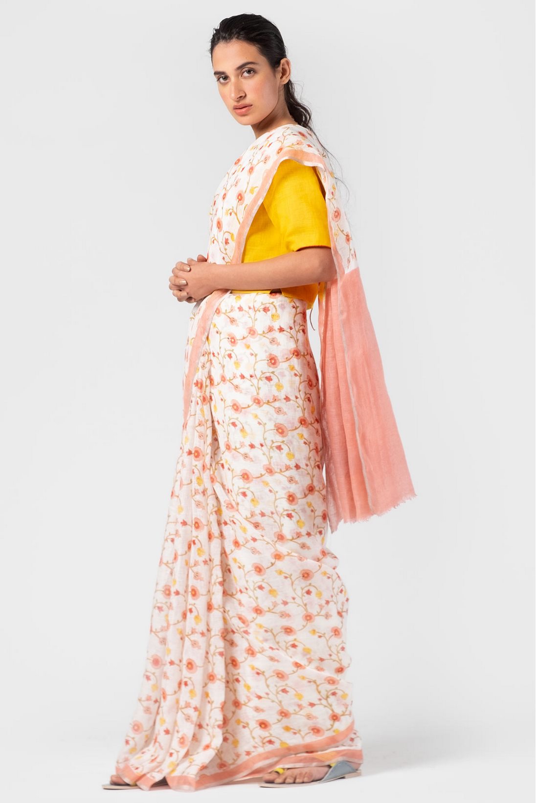 Floral print linen sari Anavila