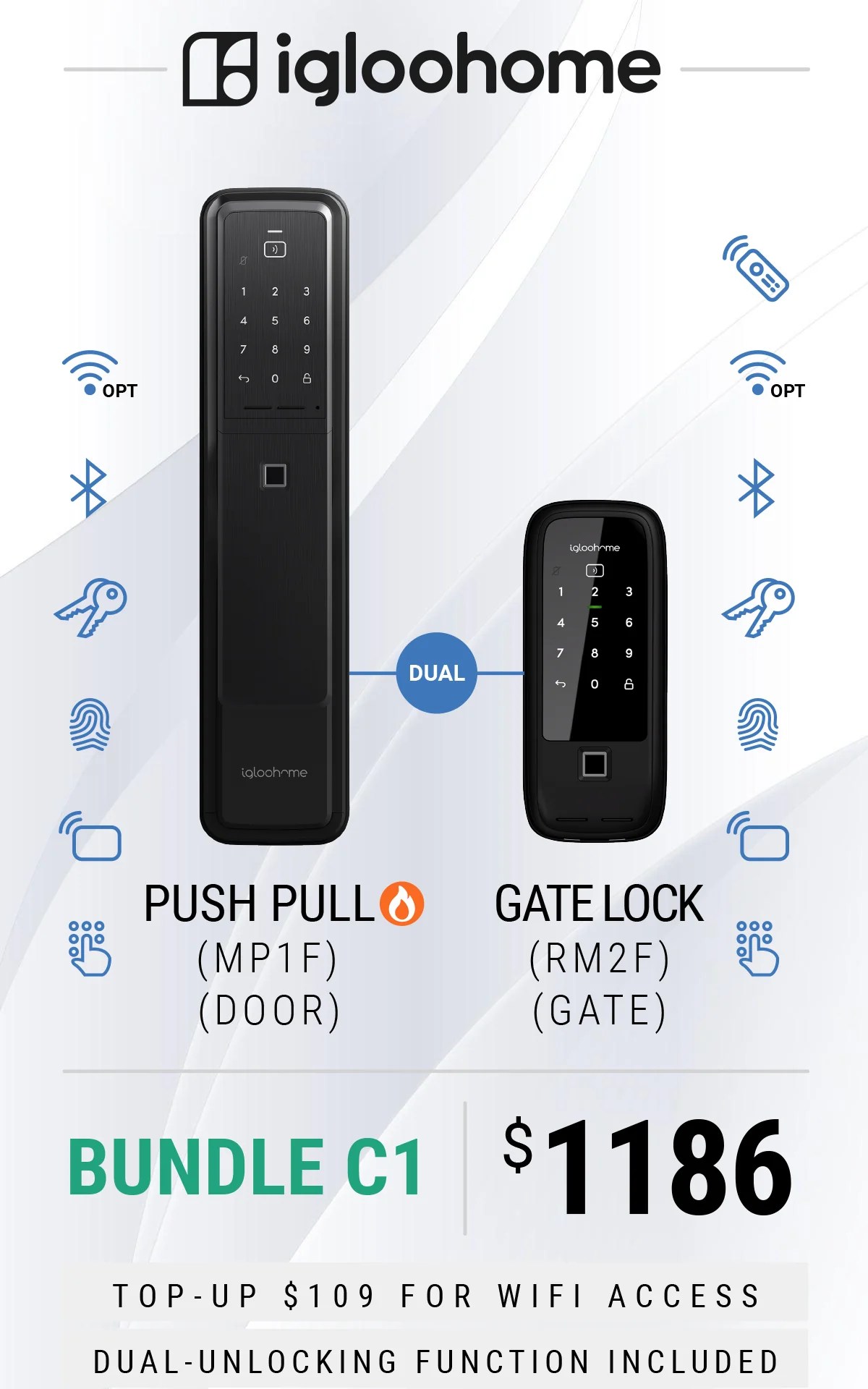 Bundle C1 Igloohome MP1F Push Pull Door Lock + Igloohome RM2F Gate Lo AN DIGITAL LOCK