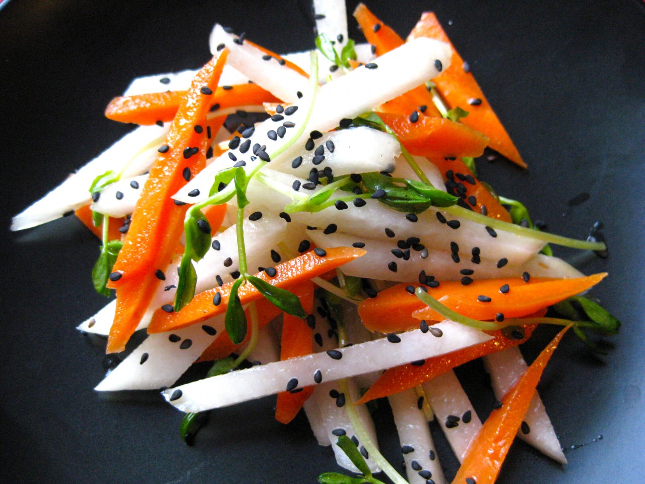 Marinated Daikon & Carrot Salad with Spring Snow Pea Shoots Andrea Beaman