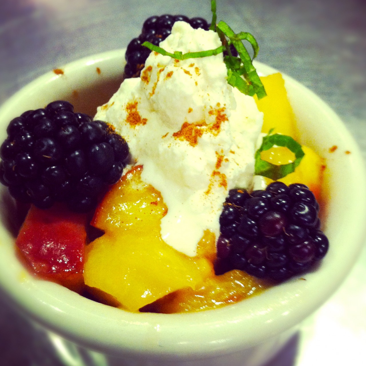 Sauteed Summer Fruit with Fresh Whipped Cream & Mint Andrea Beaman