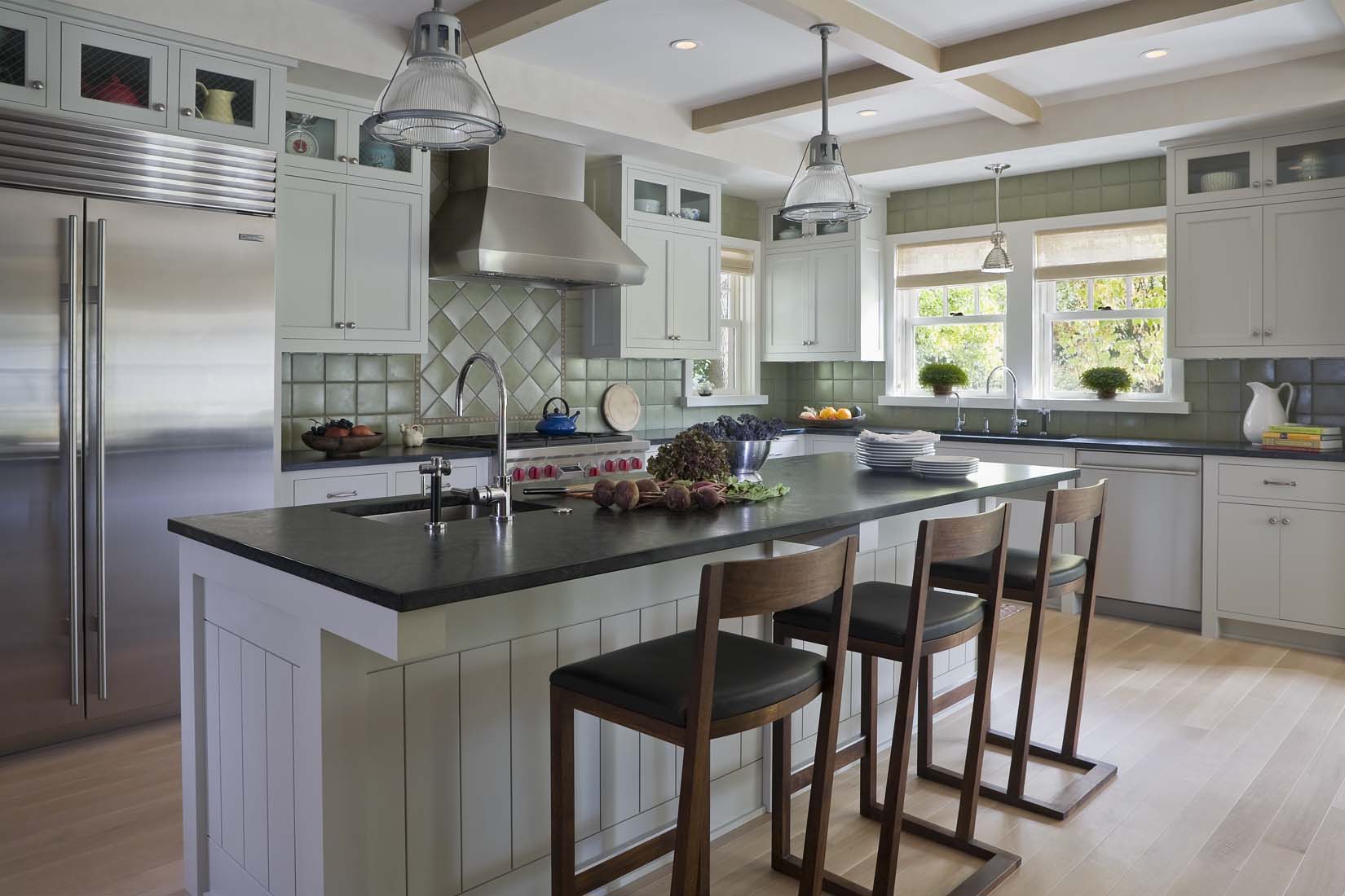 Upscale kitchen with green and gray colors Andrea Rugg Photography