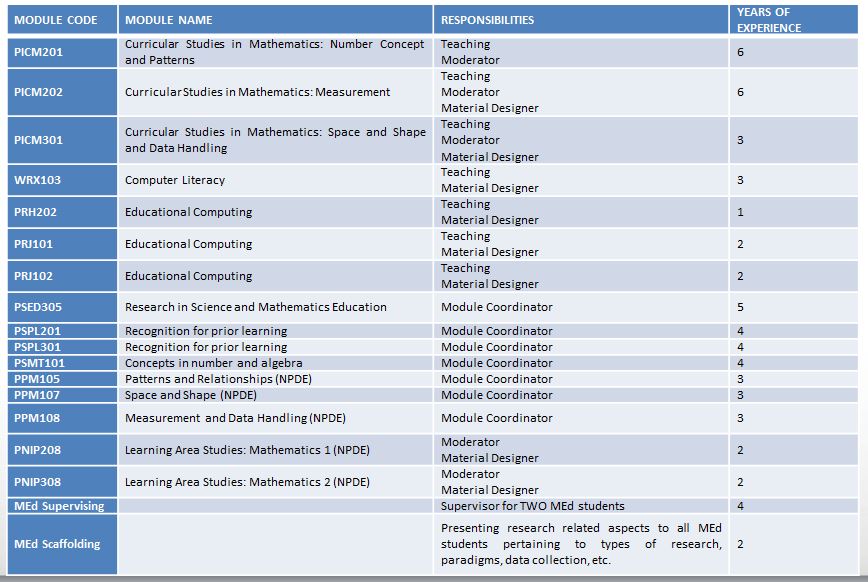 Description in tabular format of teaching experience and