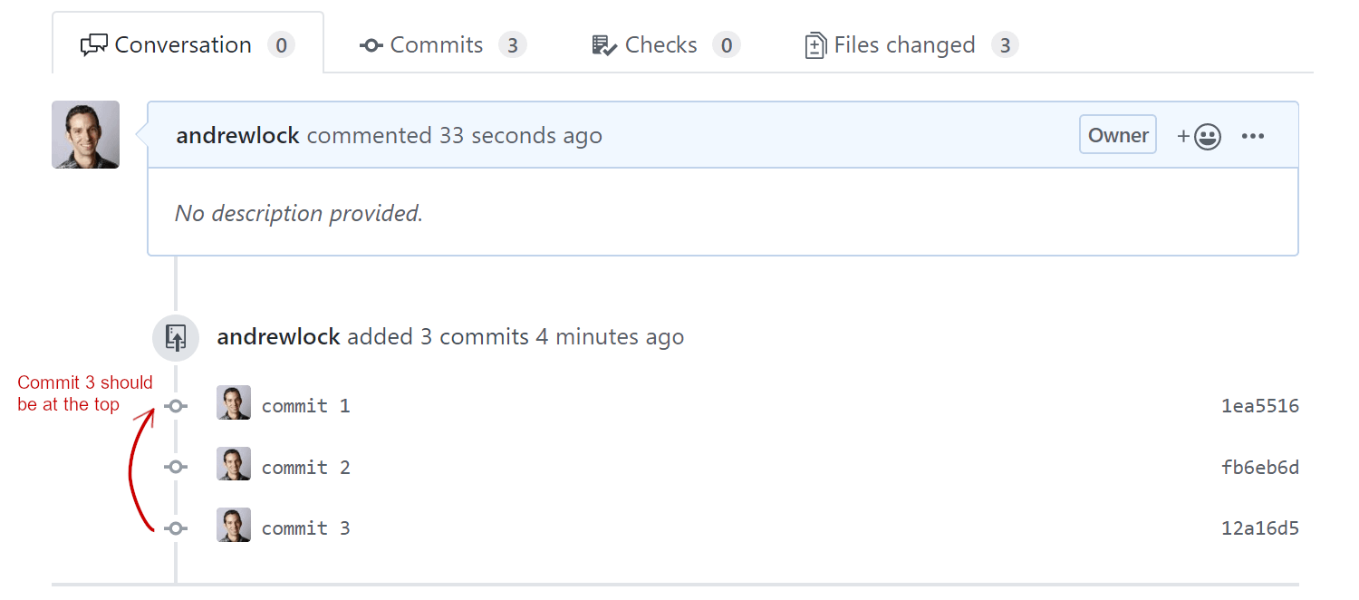 How to fix the order of commits in GitHub Pull Requests