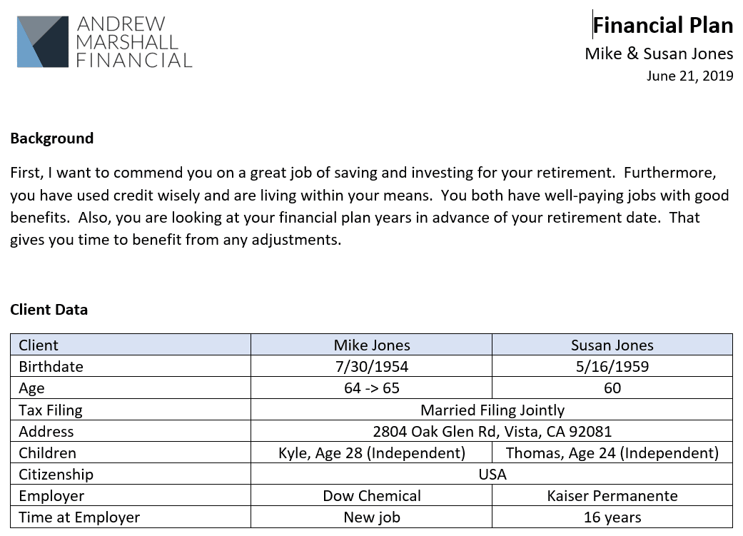 Sample Financial Plan Andrew Marshall Financial Planning