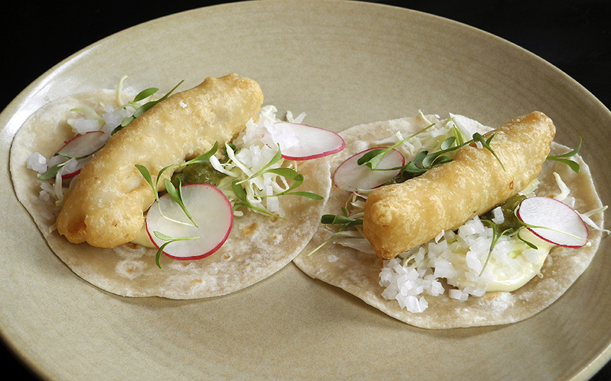 Alex Stupak’s Fish Tempura Tacos with Roasted Salsa Verde Andrew Zimmern