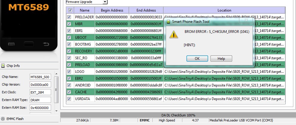 BROM ERROR S_CHKSUM_ERROR (1041) with SP FLASH TOOL ALL VERSION