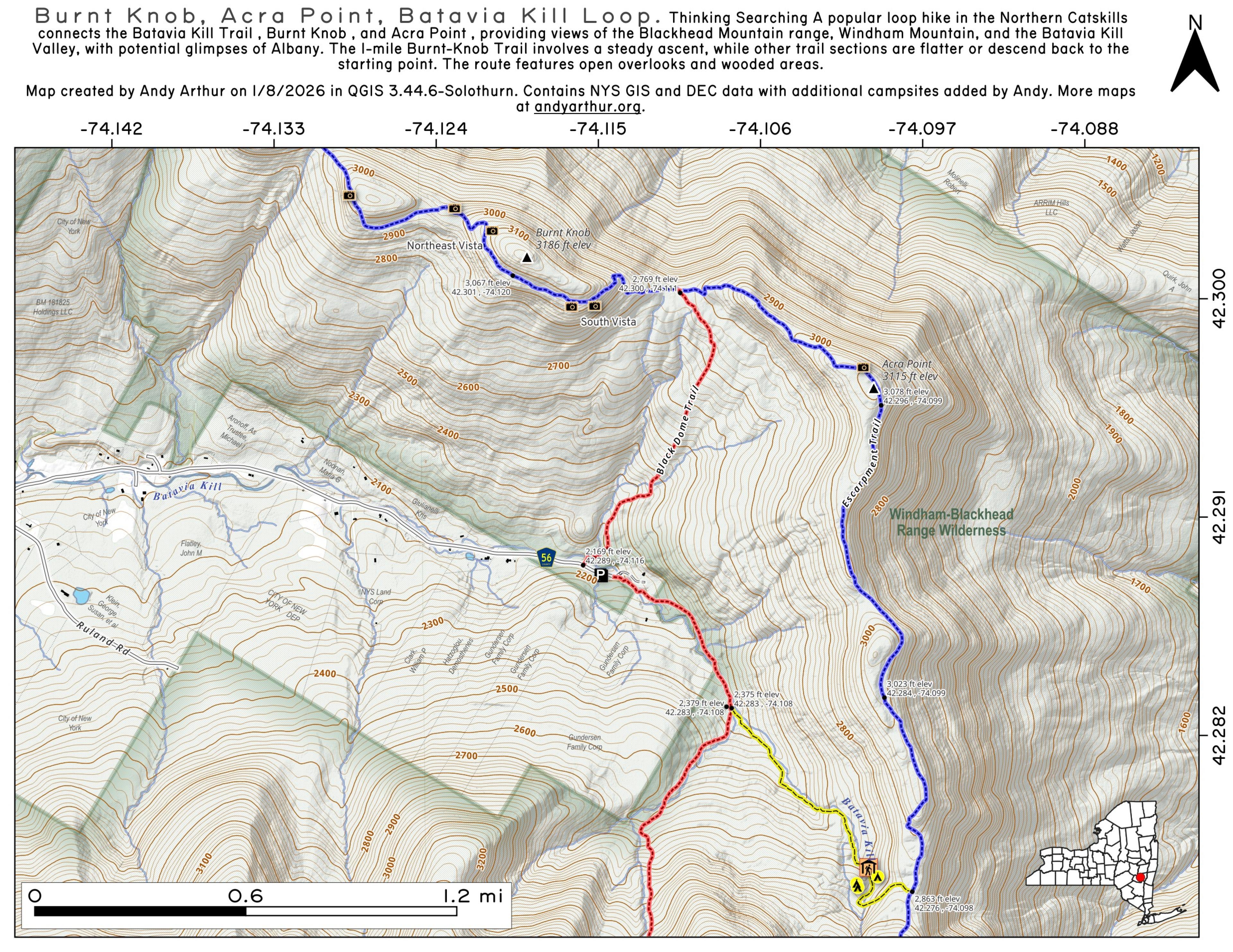 Map Burnt Knob, Acra Point, Batavia Kill Loop Andy