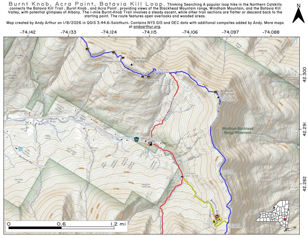 Map Burnt Knob, Acra Point, Batavia Kill Loop Andy