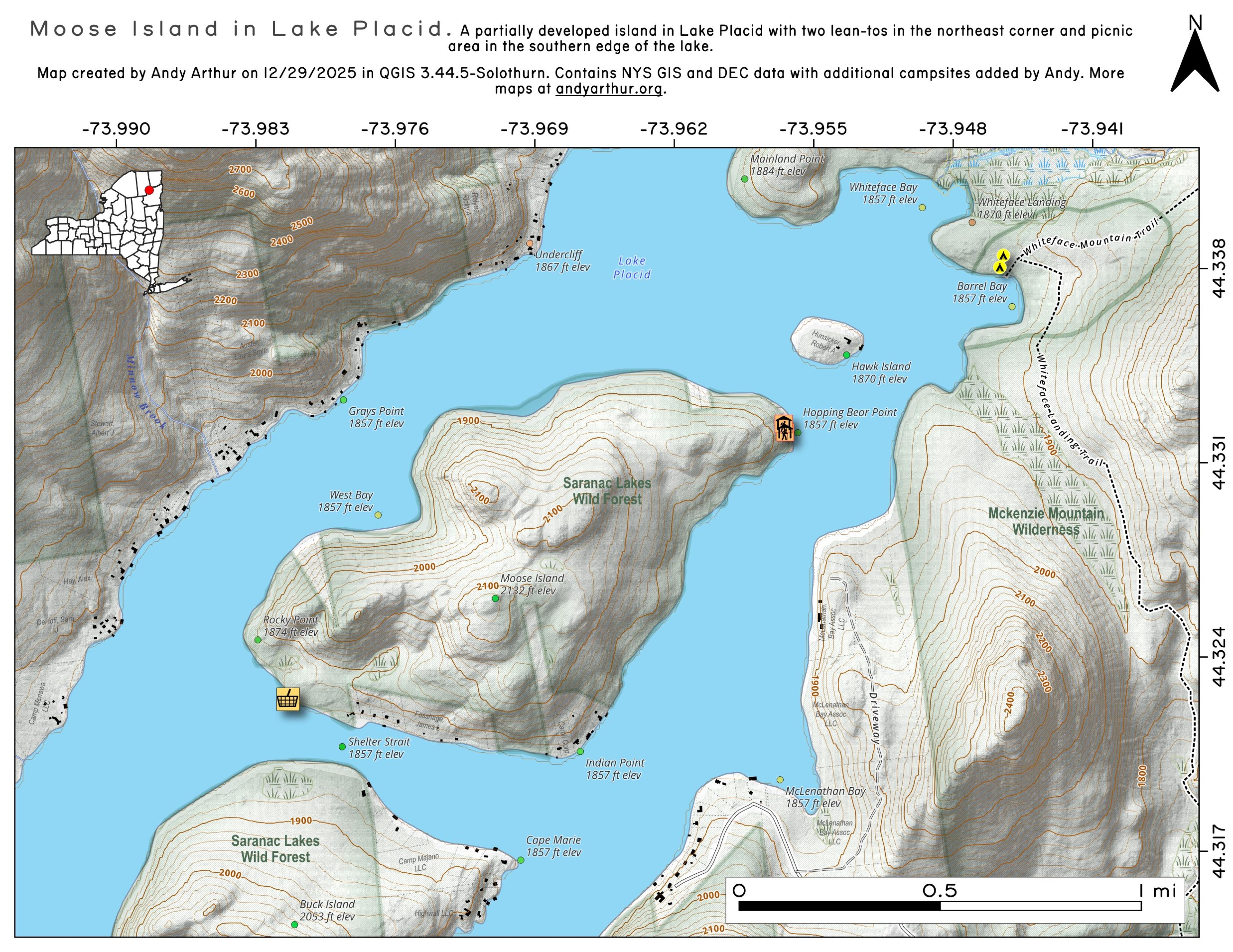 Map Moose Island in Lake Placid Andy