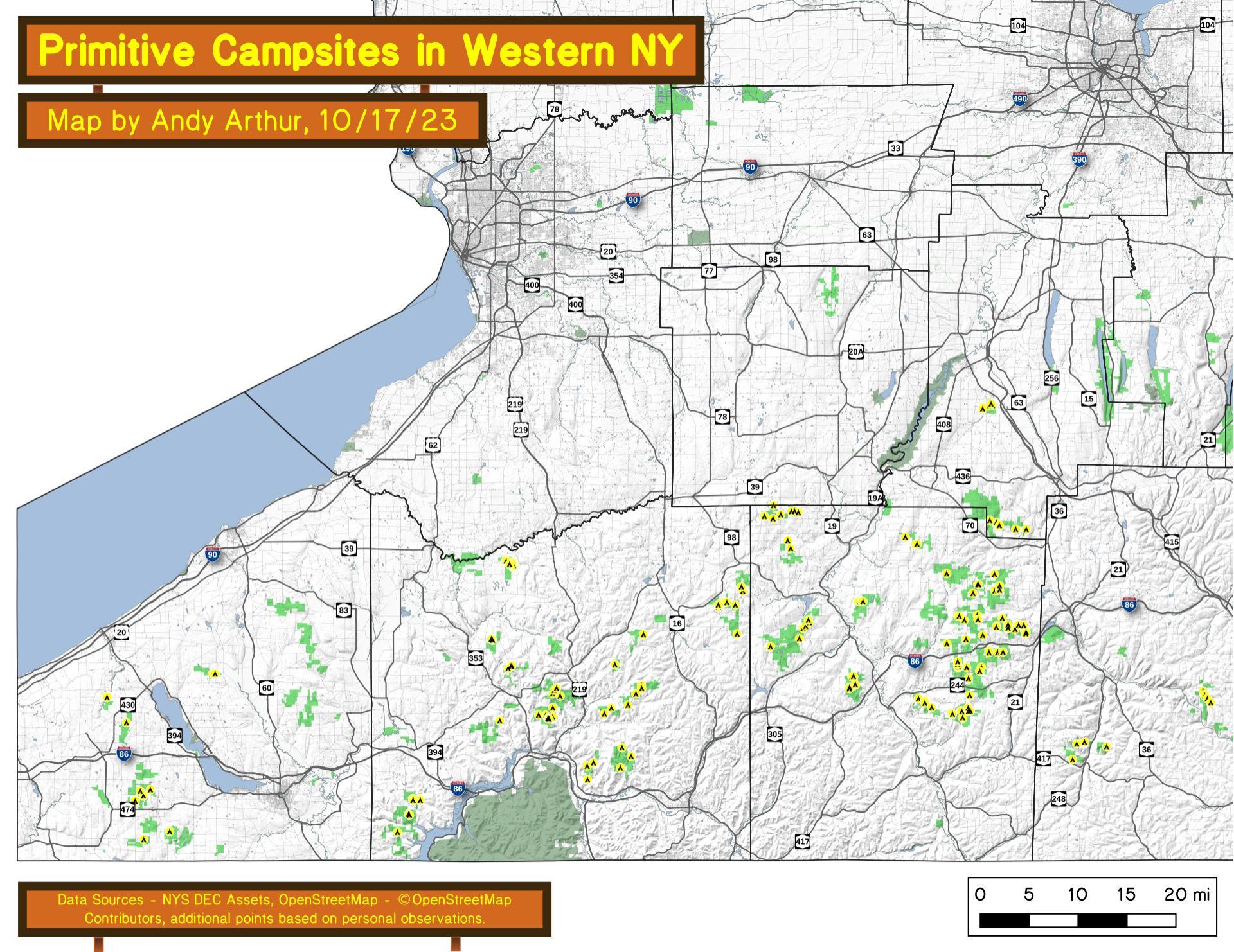 Map Free Primitive and Roadside Campsites in Western New York Southern Tier (Chautauqua