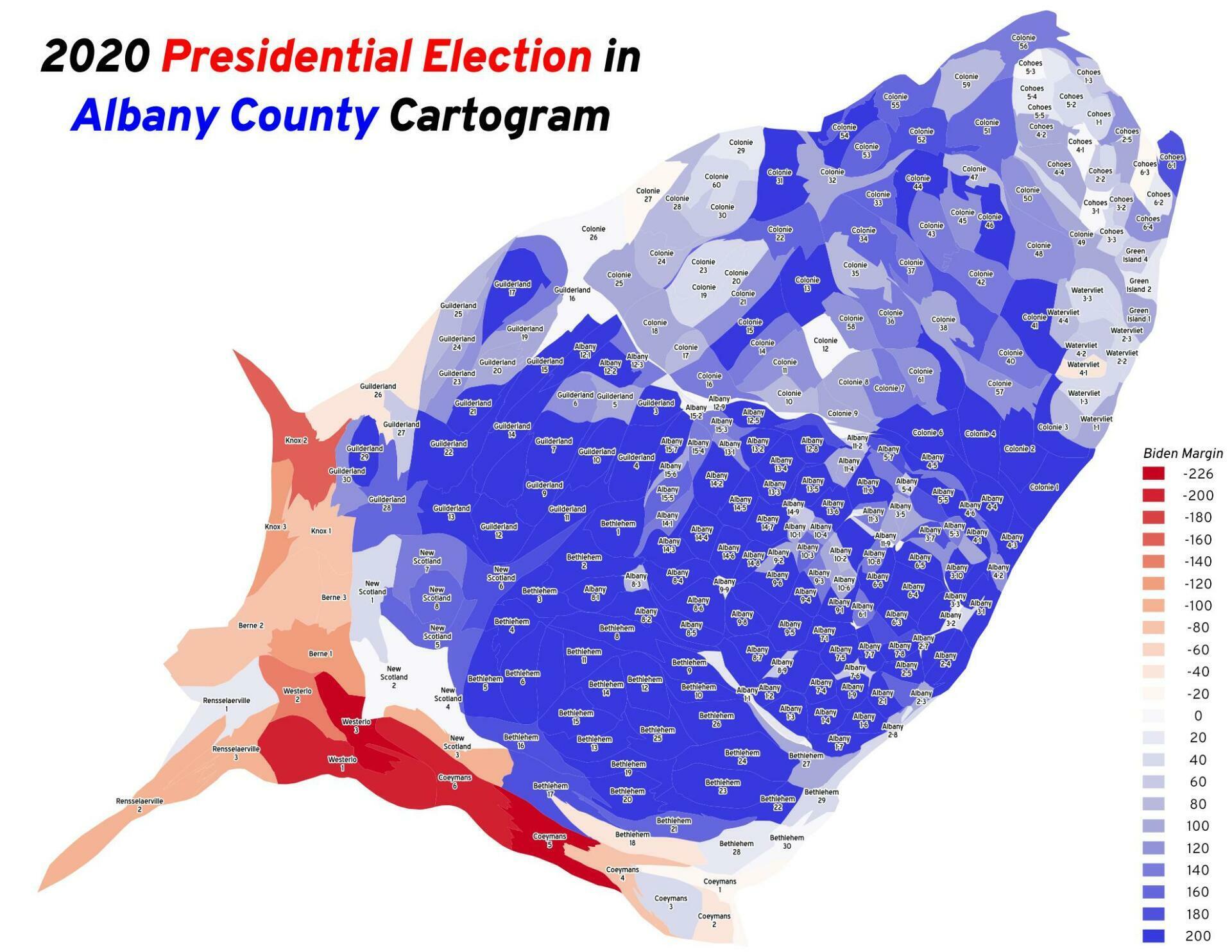 Thematic Map 2020 Presidential Election In Albany County Cartogram
