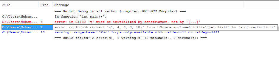 error in c++98 'v' must be initialized by constructor, not by '{....}'