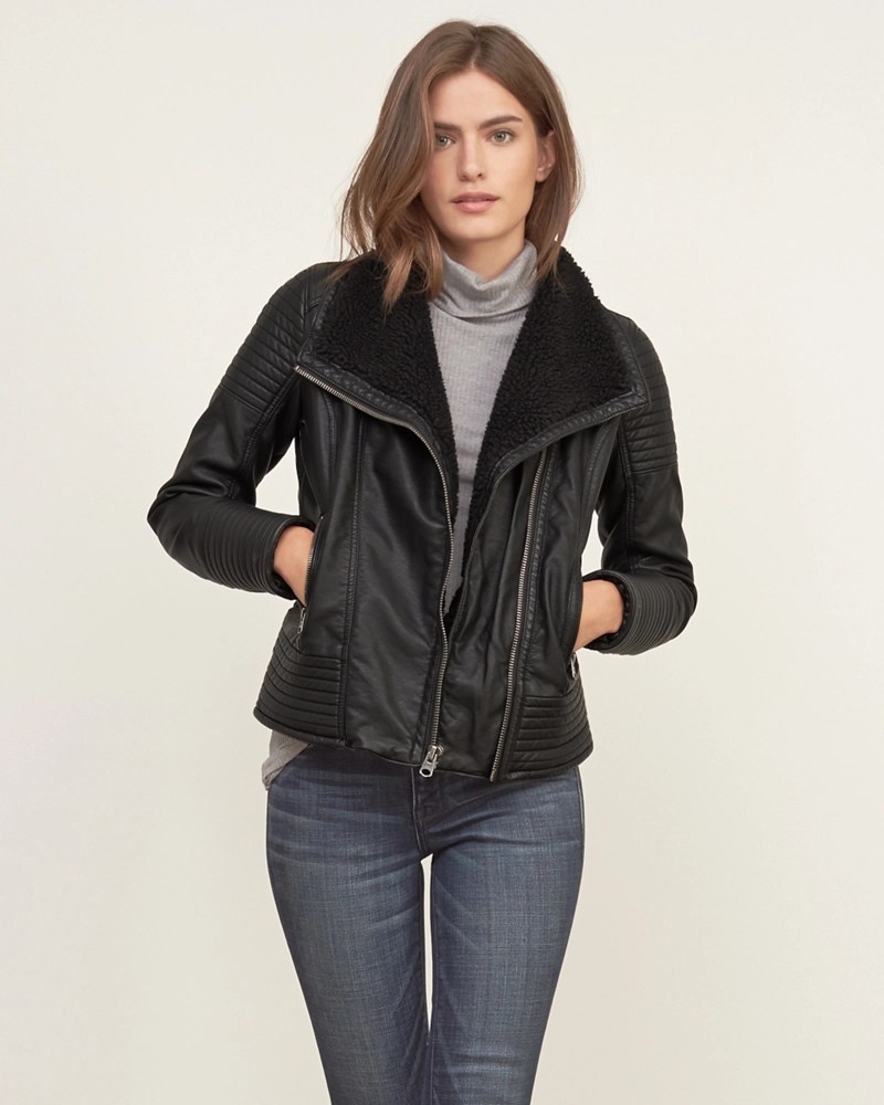 Womens Sherpa Lined Vegan Leather Jacket Womens Outerwear & Jackets