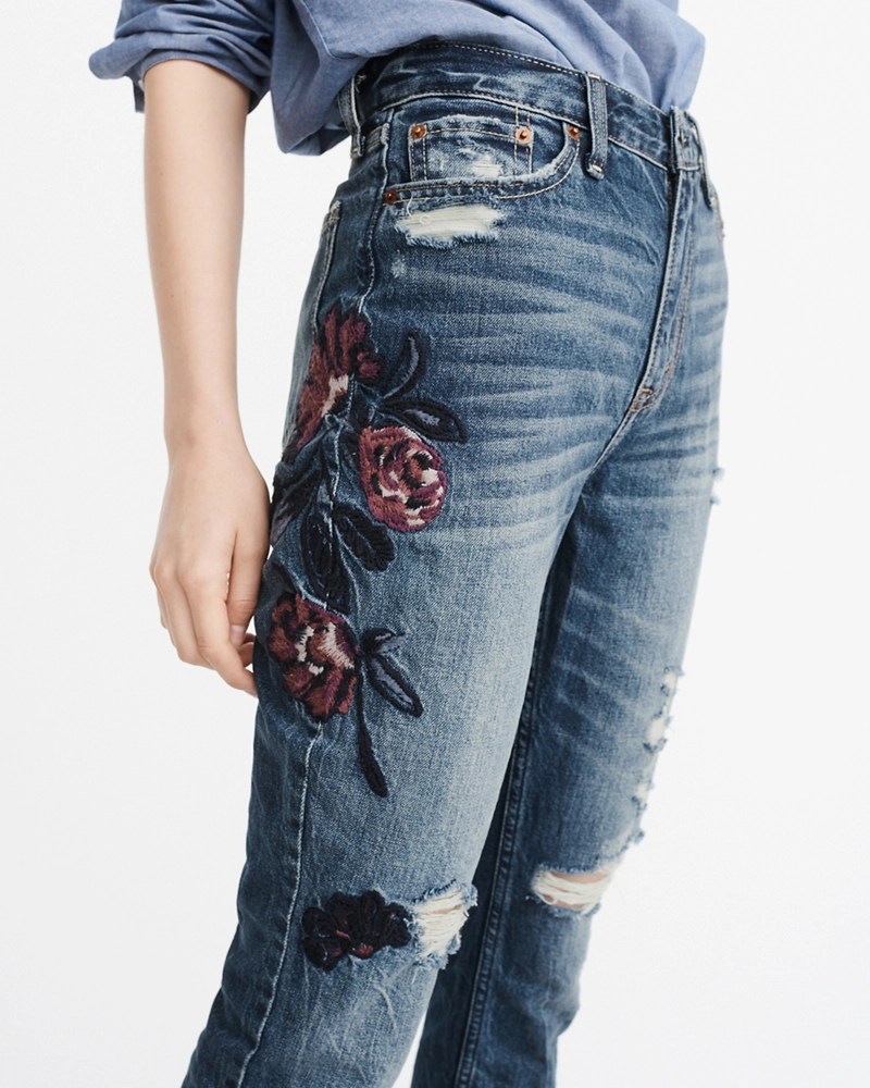 Womens Embroidered HighRise Girlfriend Jeans Womens Bottoms