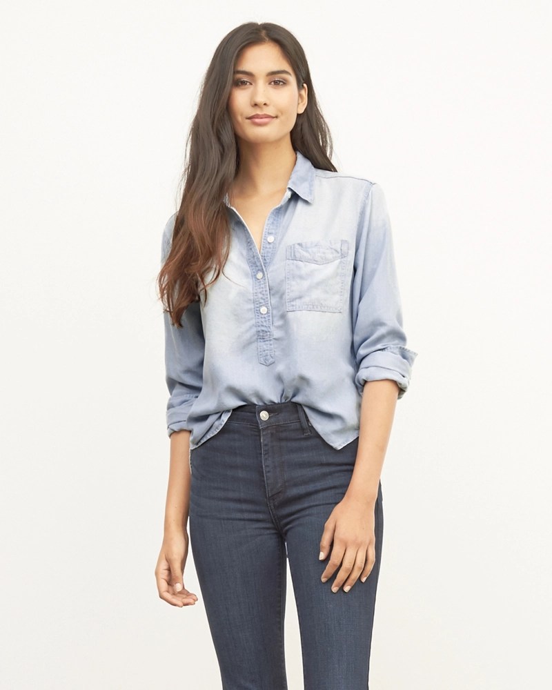 Womens Denim Pullover Pocket Shirt Womens Shirts