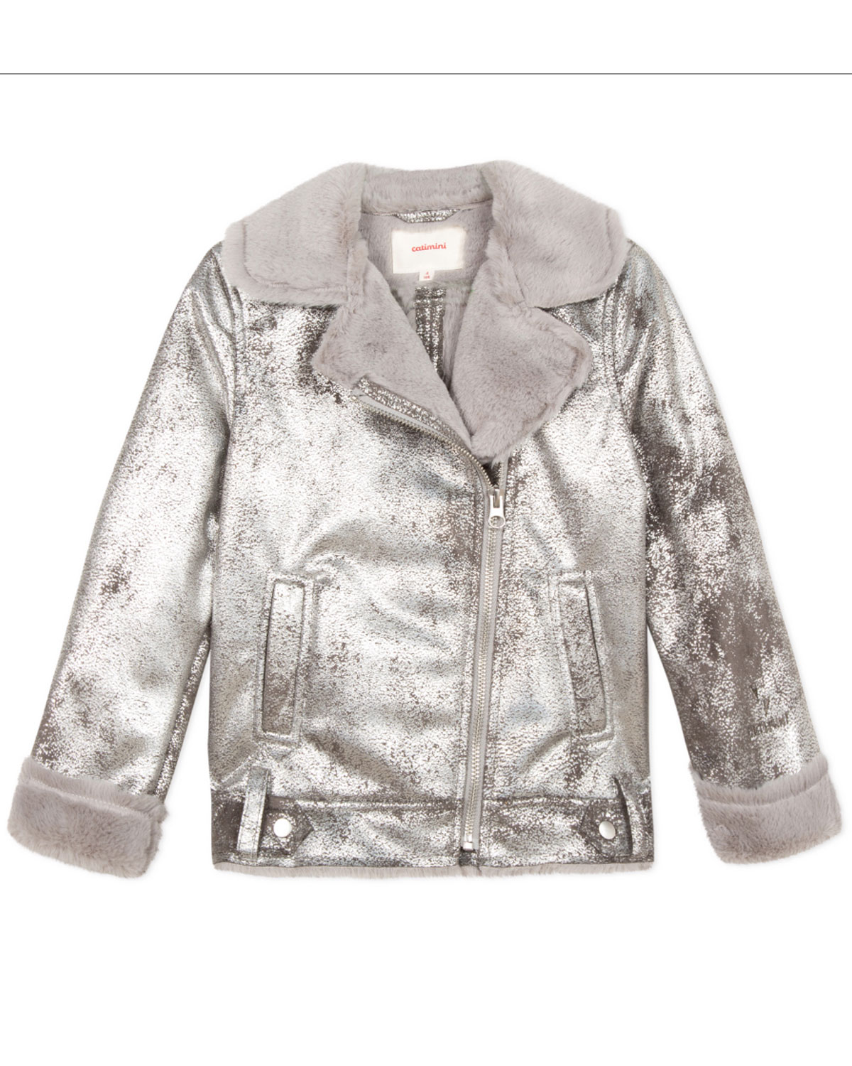 Catimini girls new crushed velvet winter fur jacket CP4105519 Silver