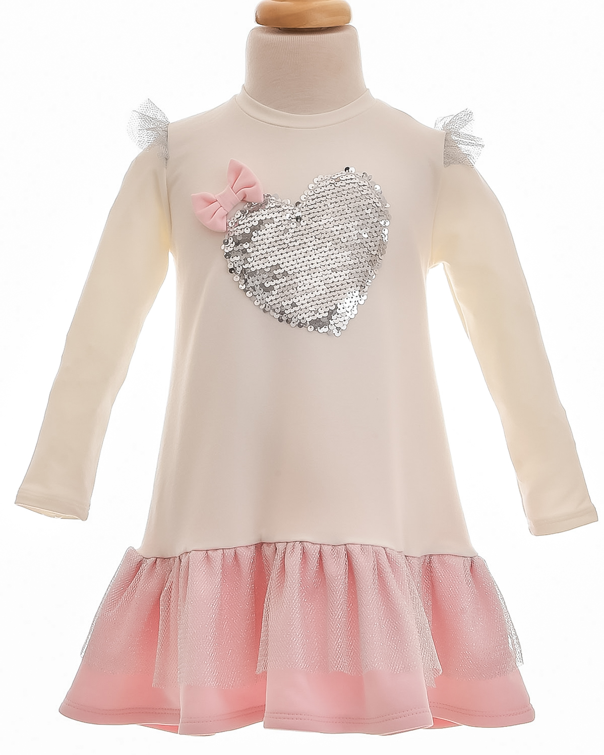 Little Lady girls silver sequin heart long sleeve dress STA12 Cream