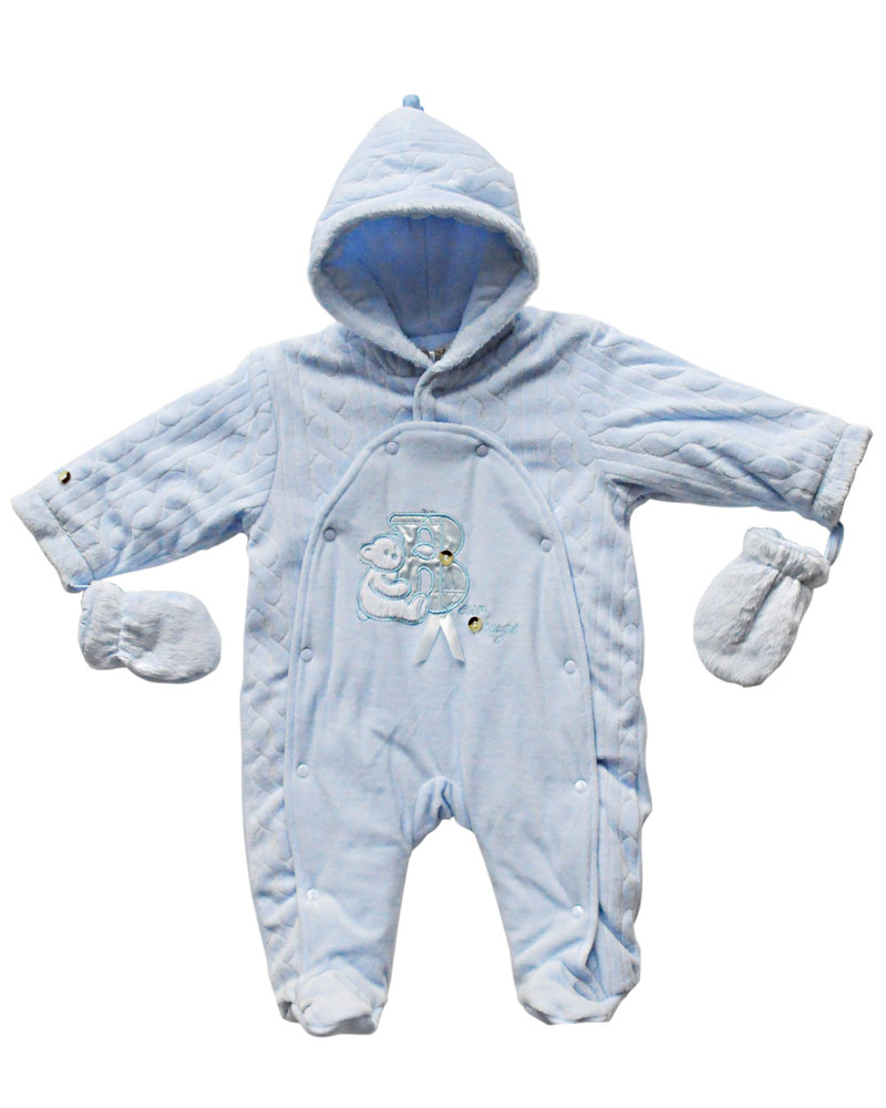Baby boys pale blue winter outdoor snowsuit. Newborn baby snowsuit