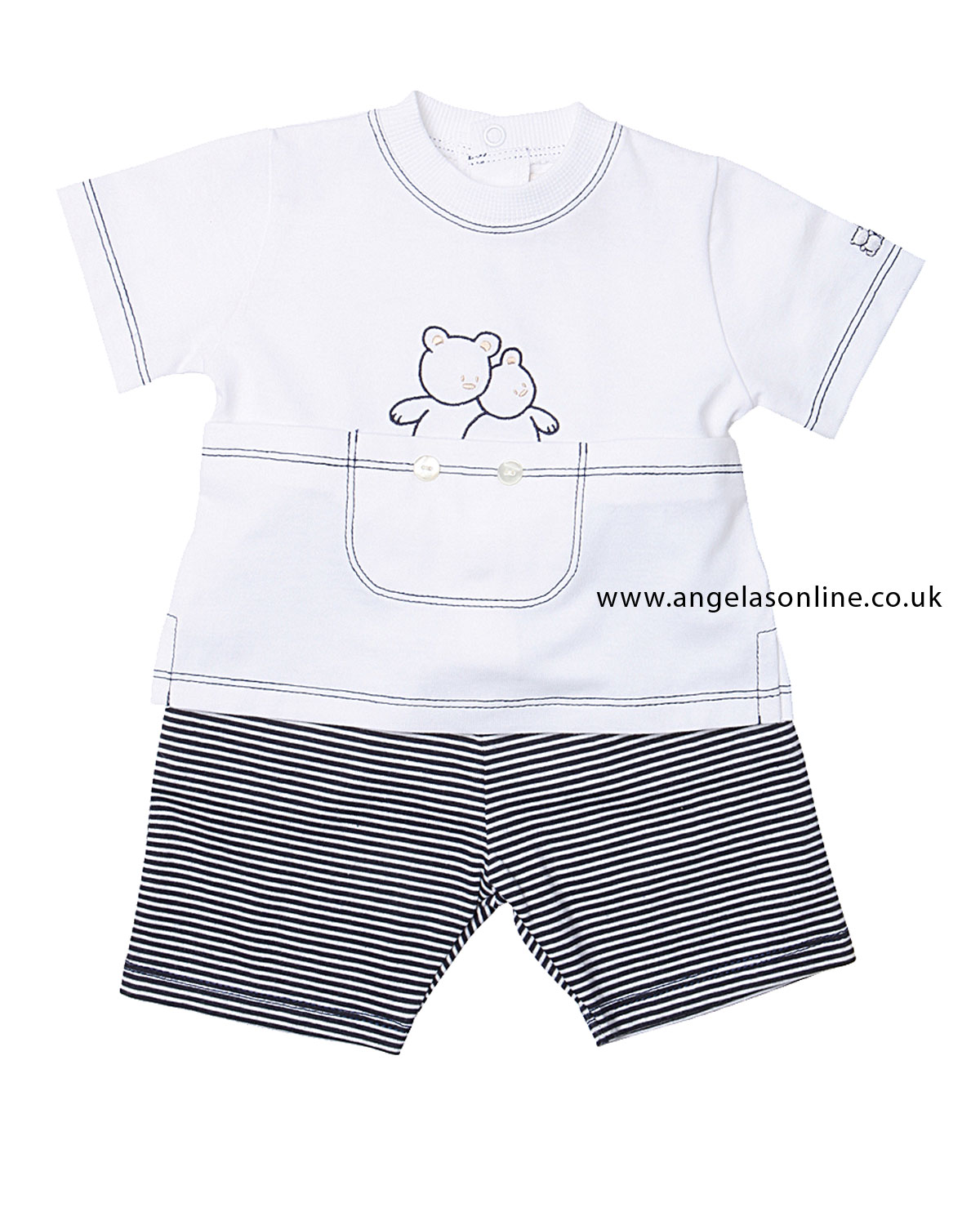 Emile et Rose baby boys clothing. White and navy stripe short and T