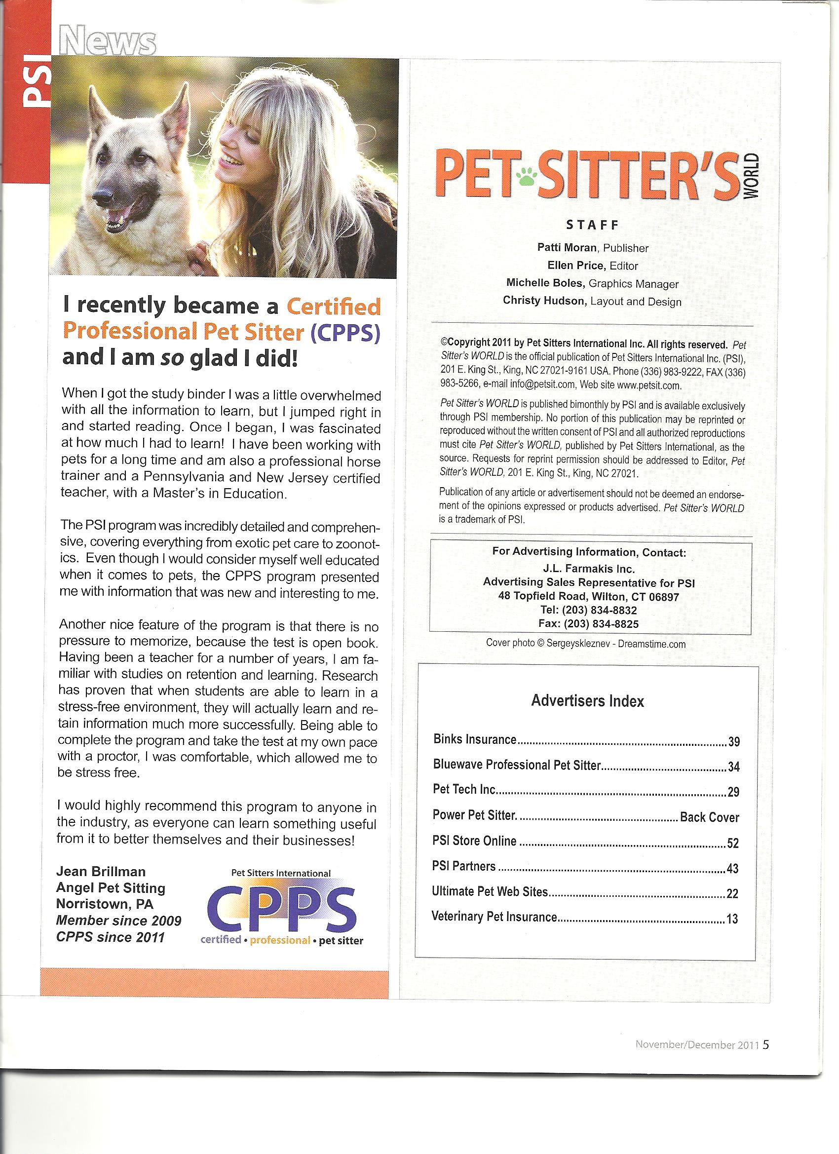 Jean Brillman featured in Pet Sitter's World Magazine! Angel Pet Sitting