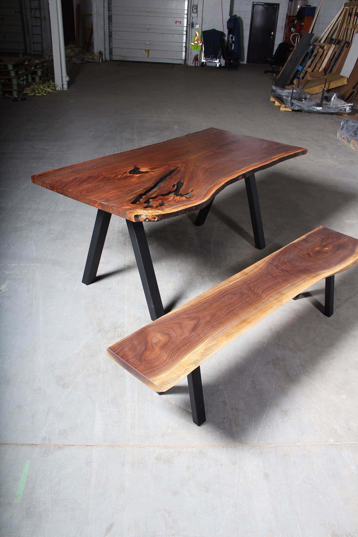 Walnut Live Edge Dining Table and Bench with X Legs Anglewood Live