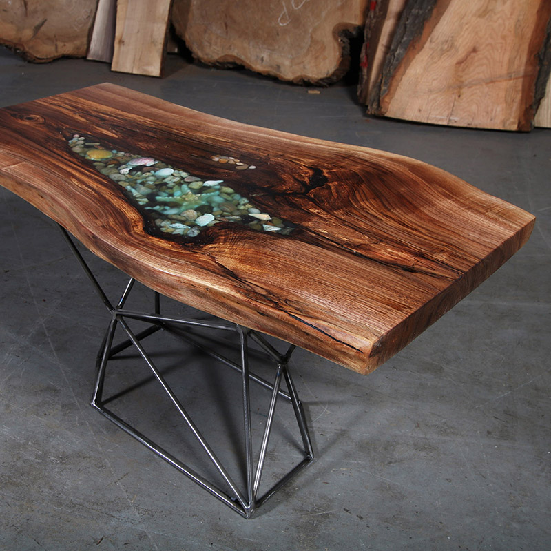 Walnut Live Edge Epoxy Shell Coffee Table Geometric Base Anglewood