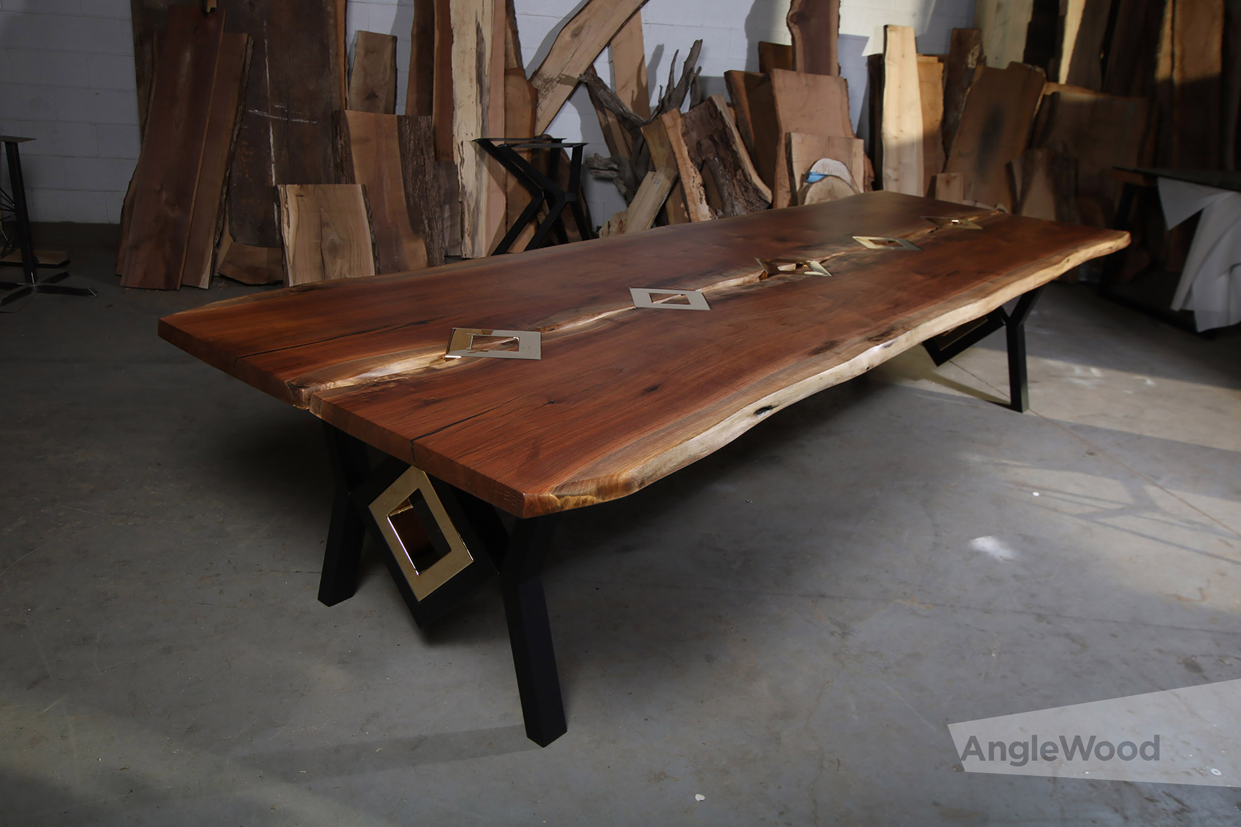 Walnut Live Edge Dining Table with Gold Diamonds and Custom Legs