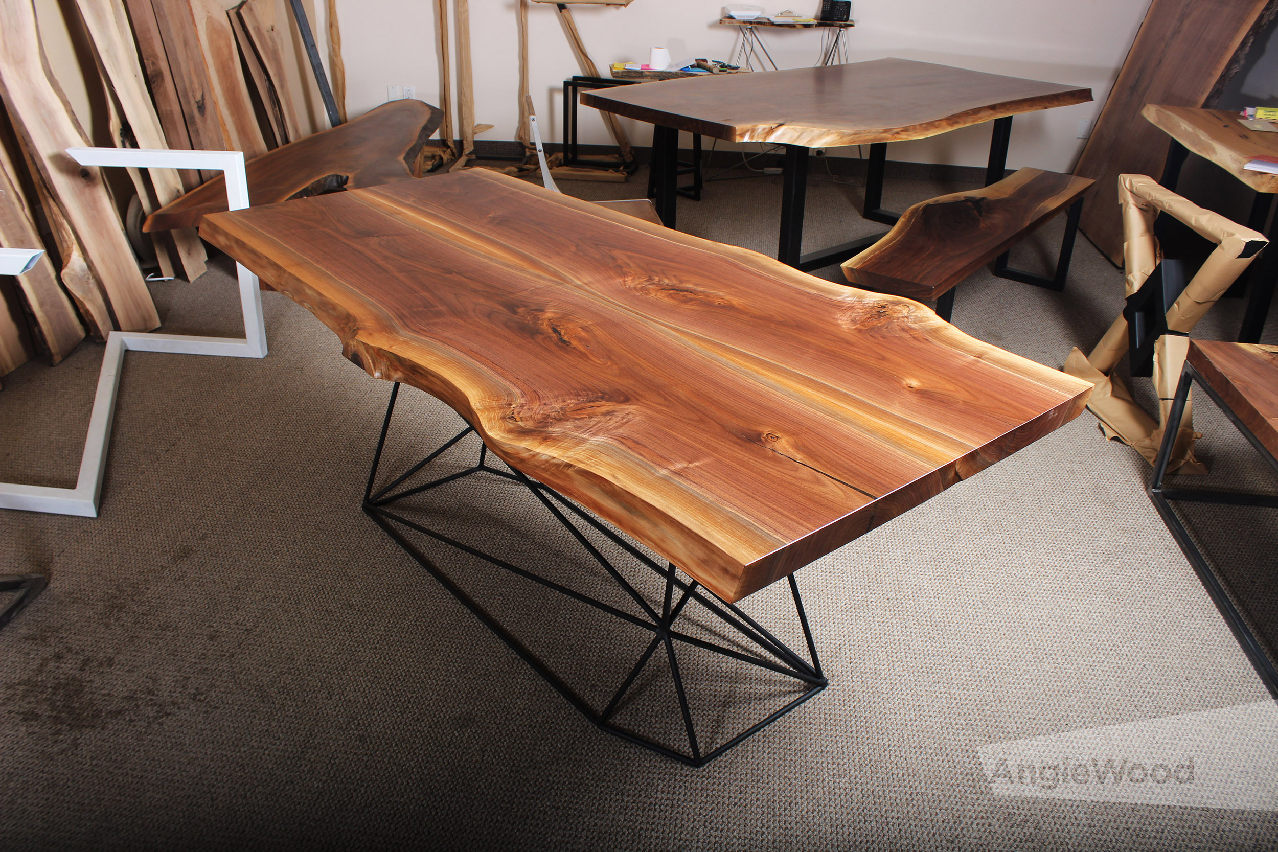 Walnut Glue Up Dining Table Geometric Base Anglewood Live Edge Custom