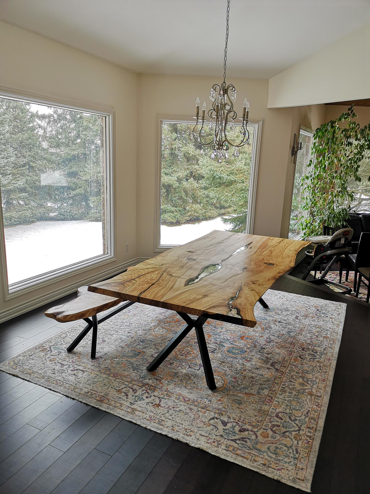 Live Edge Maple Dining Table with Epoxy plus Bench Anglewood Furniture