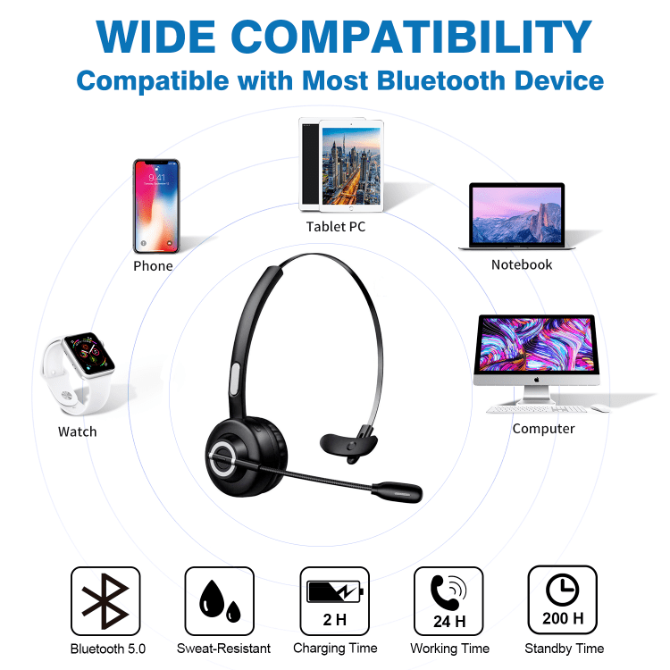 Bluetooth Headset, Angteela V5.0 Business Wireless Headset with Boom